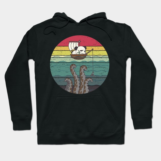 Funny Cute Fishing Panda Retro Sunset Distressed Vintage Rainbow Colors Hoodie by ebayson74@gmail.com